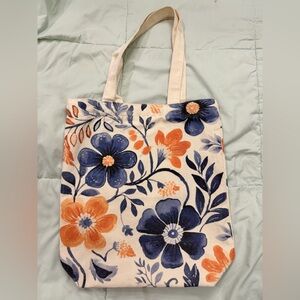 Floral Canvas Tote Bag - Blue and Orange